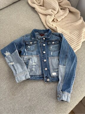 Girls Distressed Two-Tone Denim Jacket - Light & Medium Blue